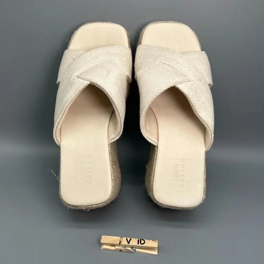 ASOS Design Wide Fit Teddy 2 Women's 8 Beige Wedge Slide Cross Slip-On Peep Toe